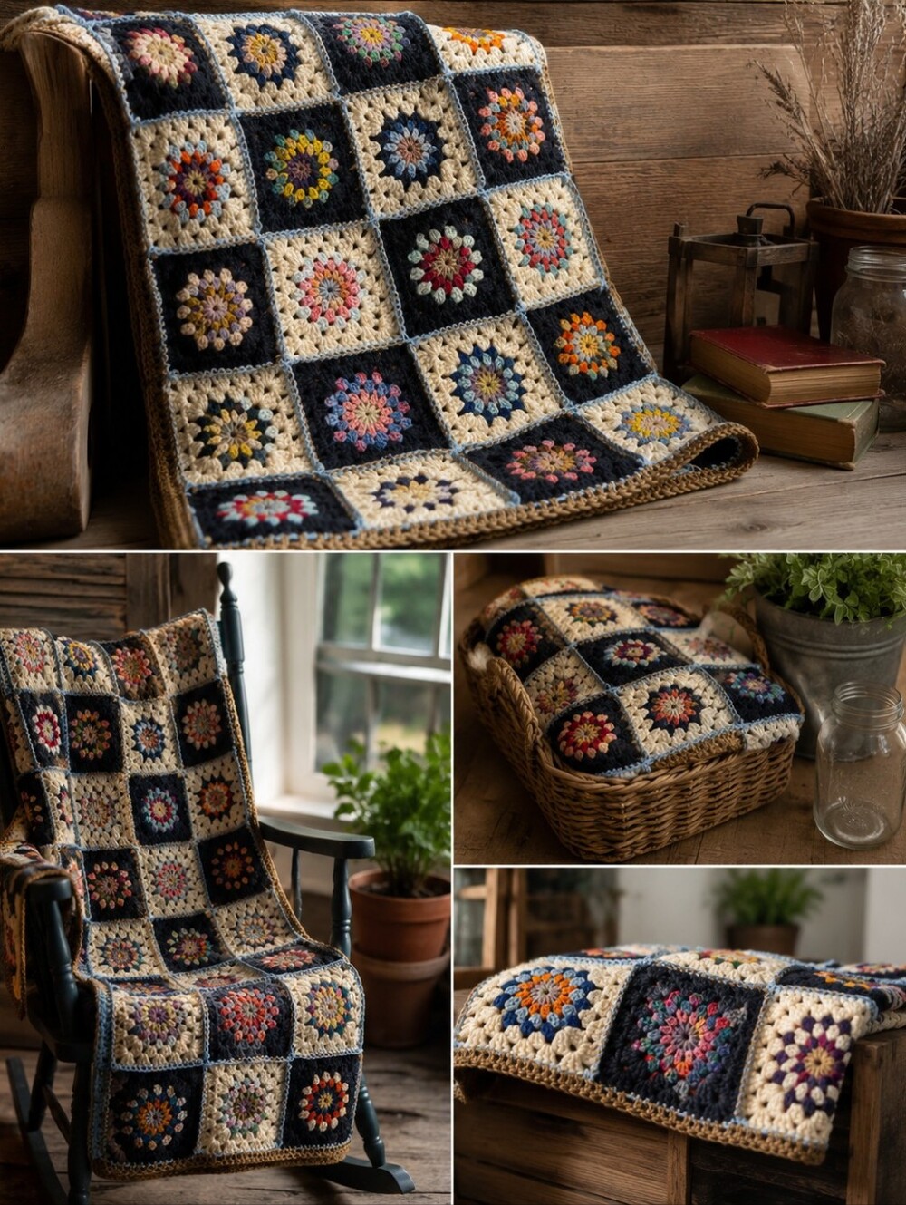 Handmade Crochet Granny Square Throw - Navy, Cream & Multicolor - Picture 4 of 5
